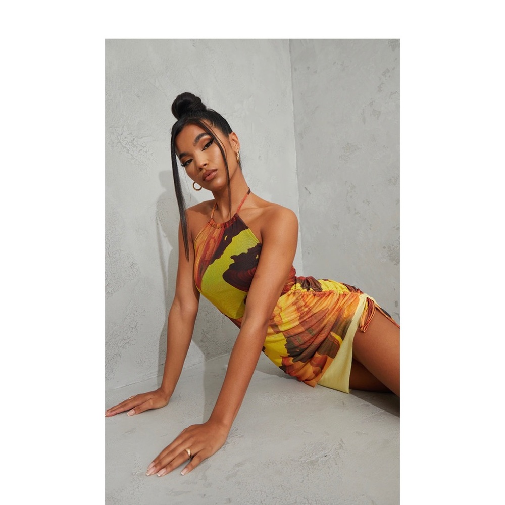 Orange Abstract Print Halterneck Mesh Layered Bodycon Dress